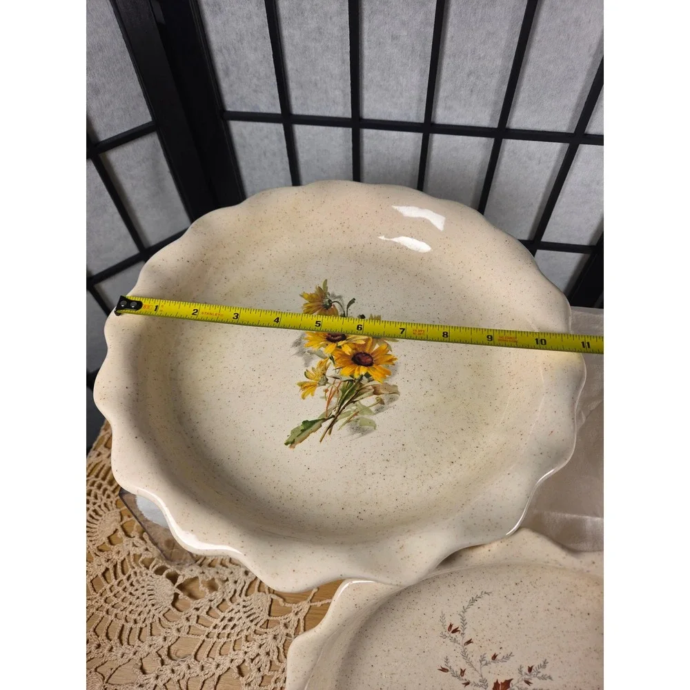 Vintage Speckled Stoneware Pie Plate Set Sunflowers Autumn Leaves Ruffled 1